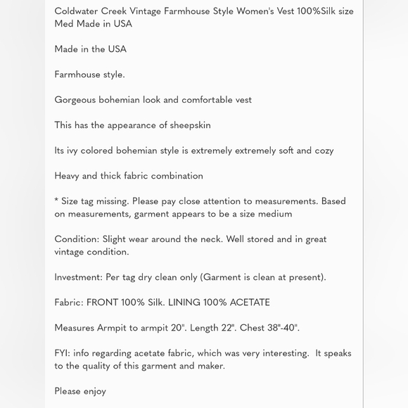 Coldwater Creek Womens Vest Vintage Farmhouse Style Silk Made in USA sz Med - Picture 10 of 10